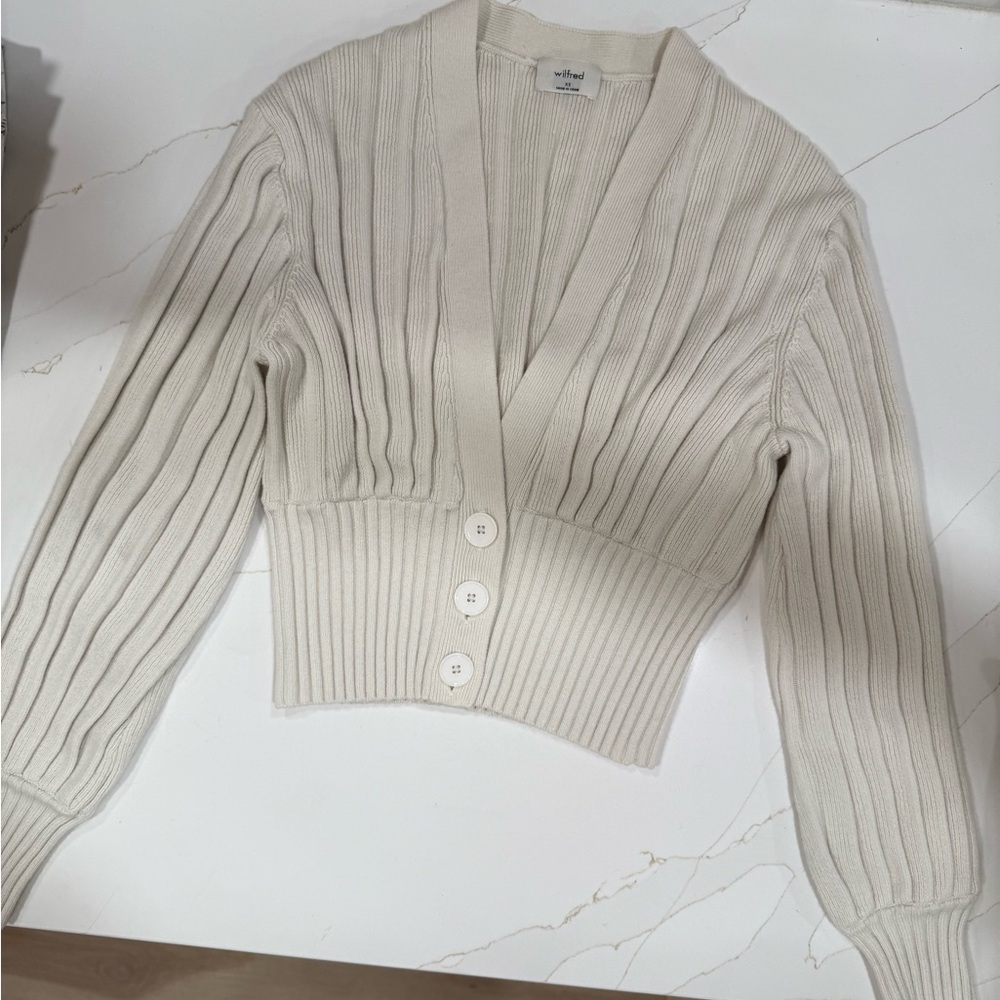 Aritzia Wilfred Thais Plunged Cream White Ribbed Crop Cardigan Sweater | XS